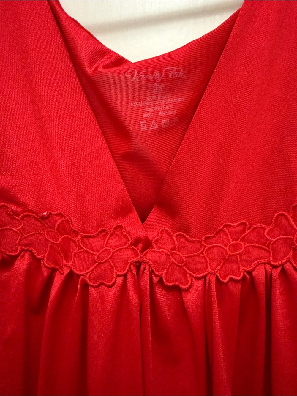 Vanity Fair Red Satin V-Neck Nightgown with Floral Trim - Picture 2 of 4